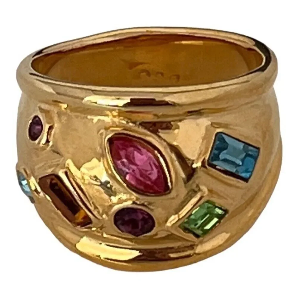 Vintage 1980s Ring Size 8 DG Multi Color CZ Wide Gold Plated Band - 14T
